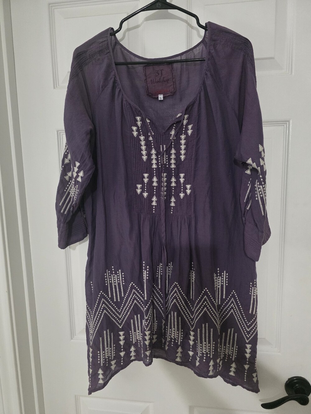 Johnny Was 3J Workshop Purple Embroidered Boho Tunic Top Size Large